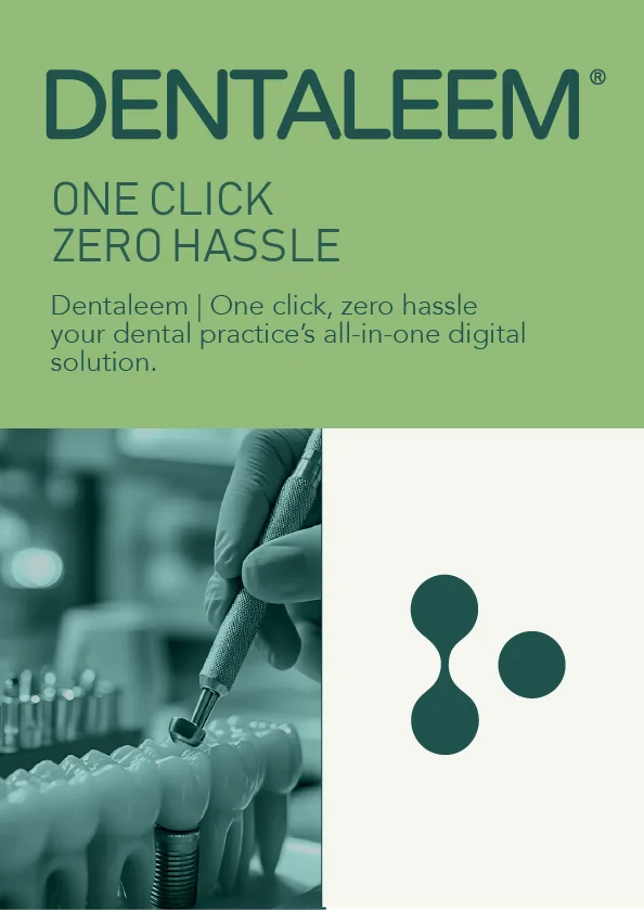 The DENTALEEM wordmark and 'One click, zero hassle' over the two-circle mark