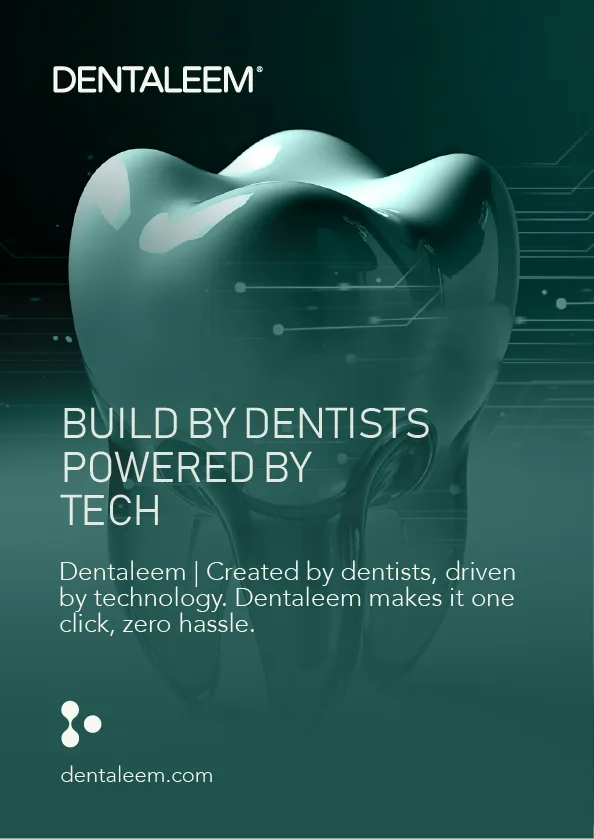 'Built by dentists, powered by tech' — a chrome tooth on deep teal