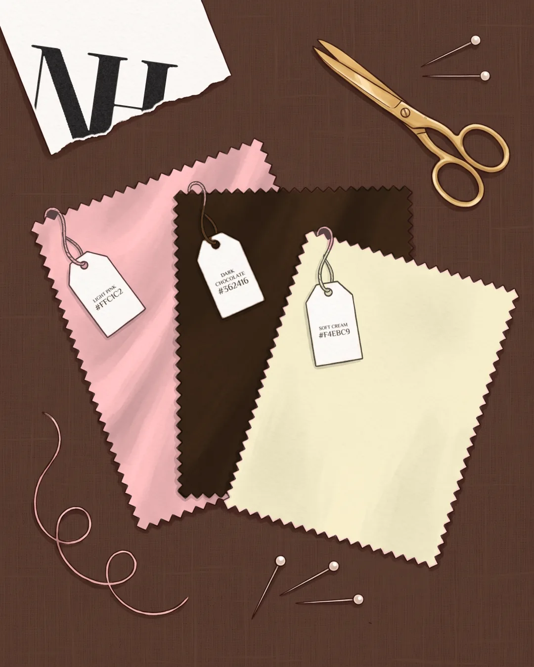 'The palette leaked' — pink, chocolate and cream swatches with pins and scissors