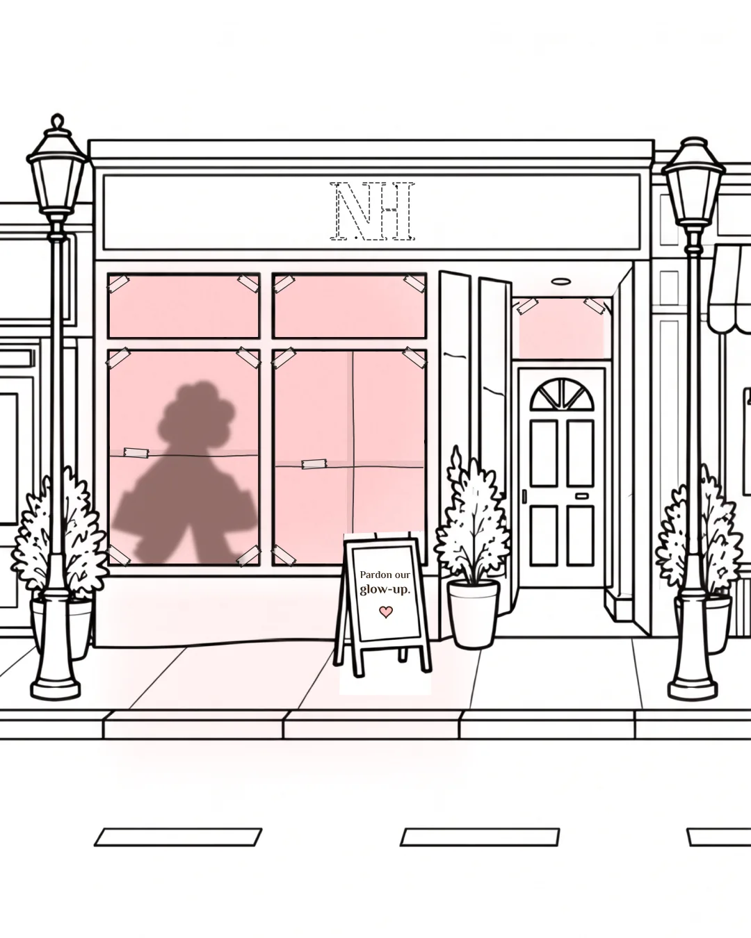 'Pardon our glow-up' — the shop papered over with pink light behind