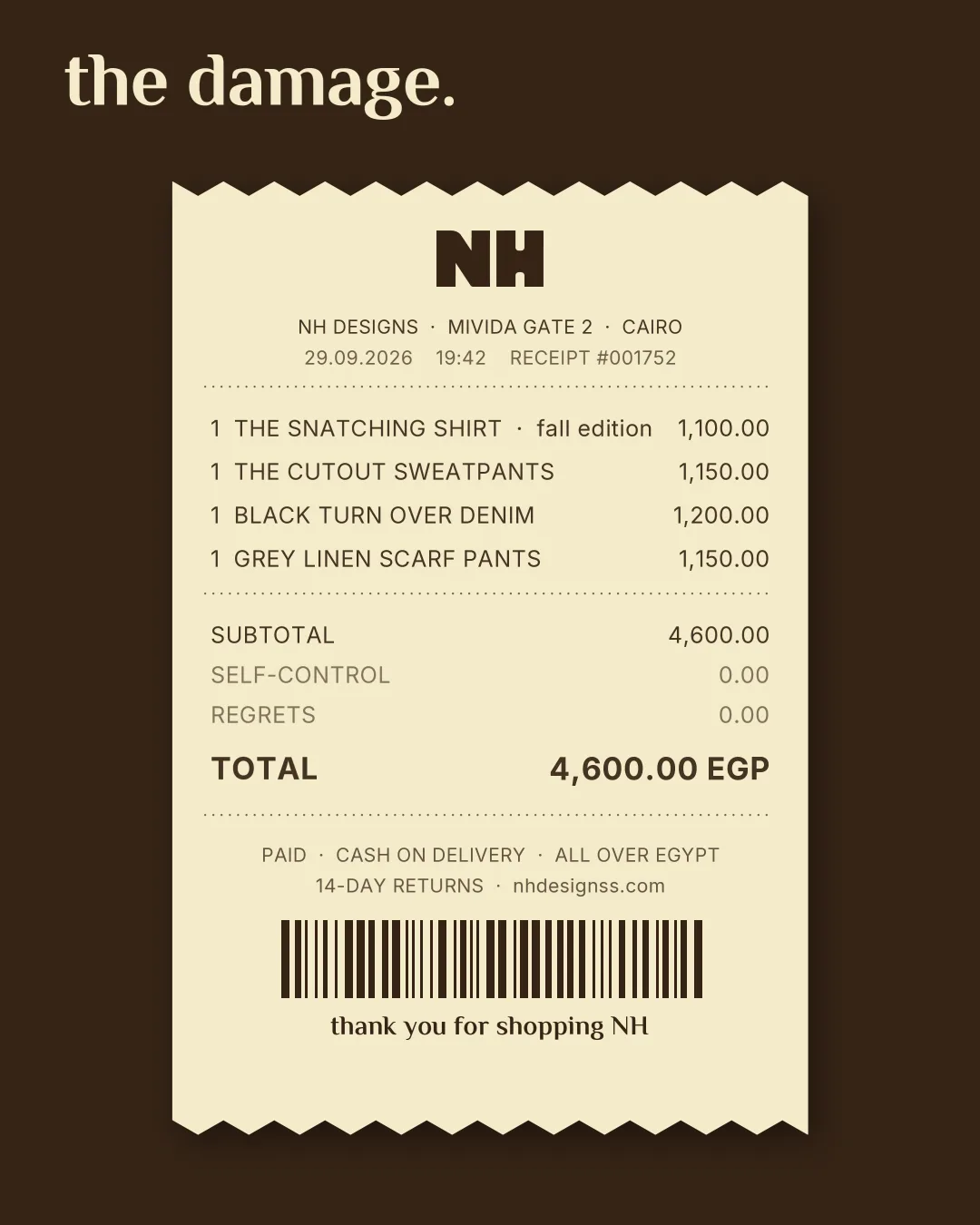 'The damage' — a receipt: self-control 0.00, regrets 0.00