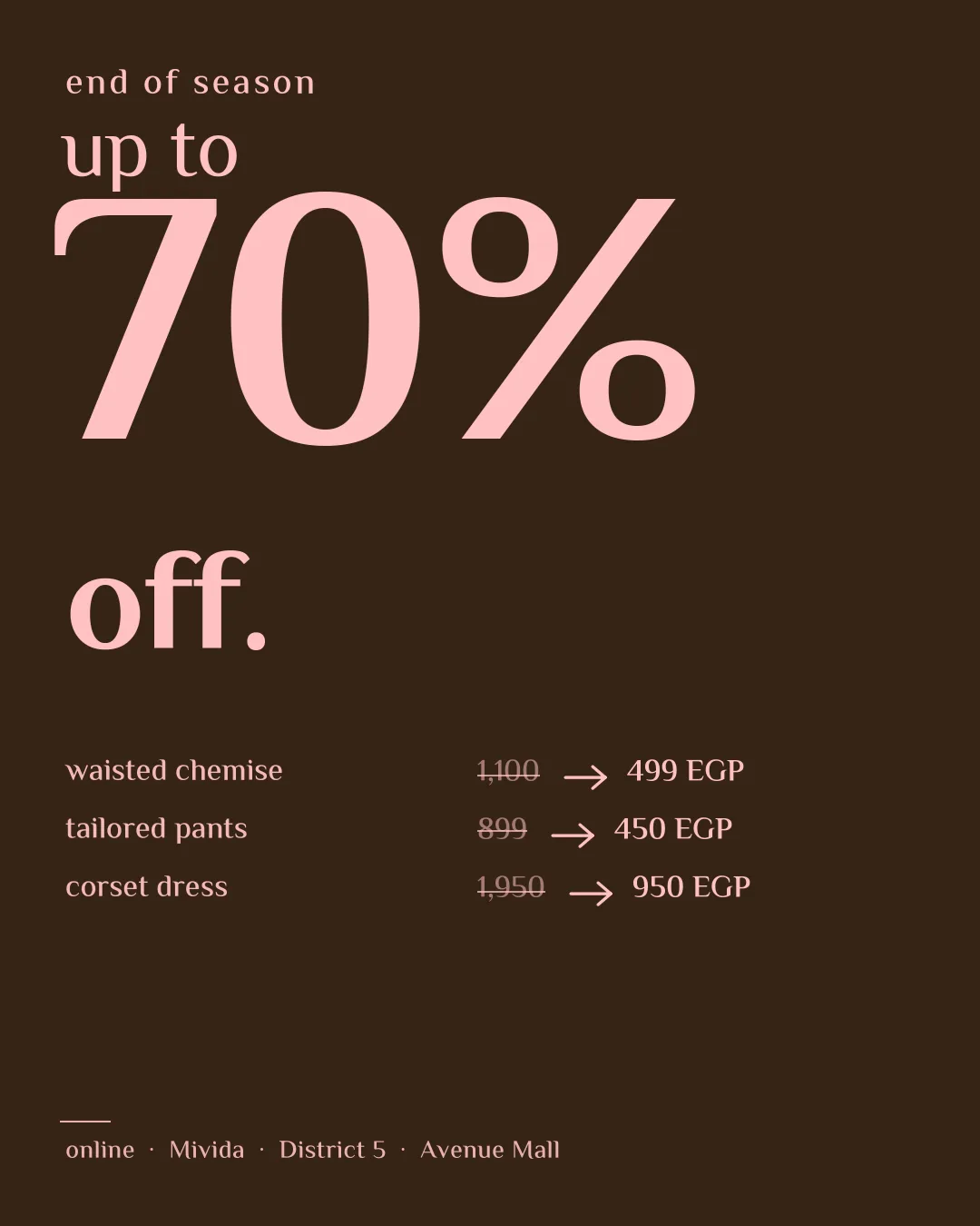 'End of season, up to 70% off' — real prices crossed out