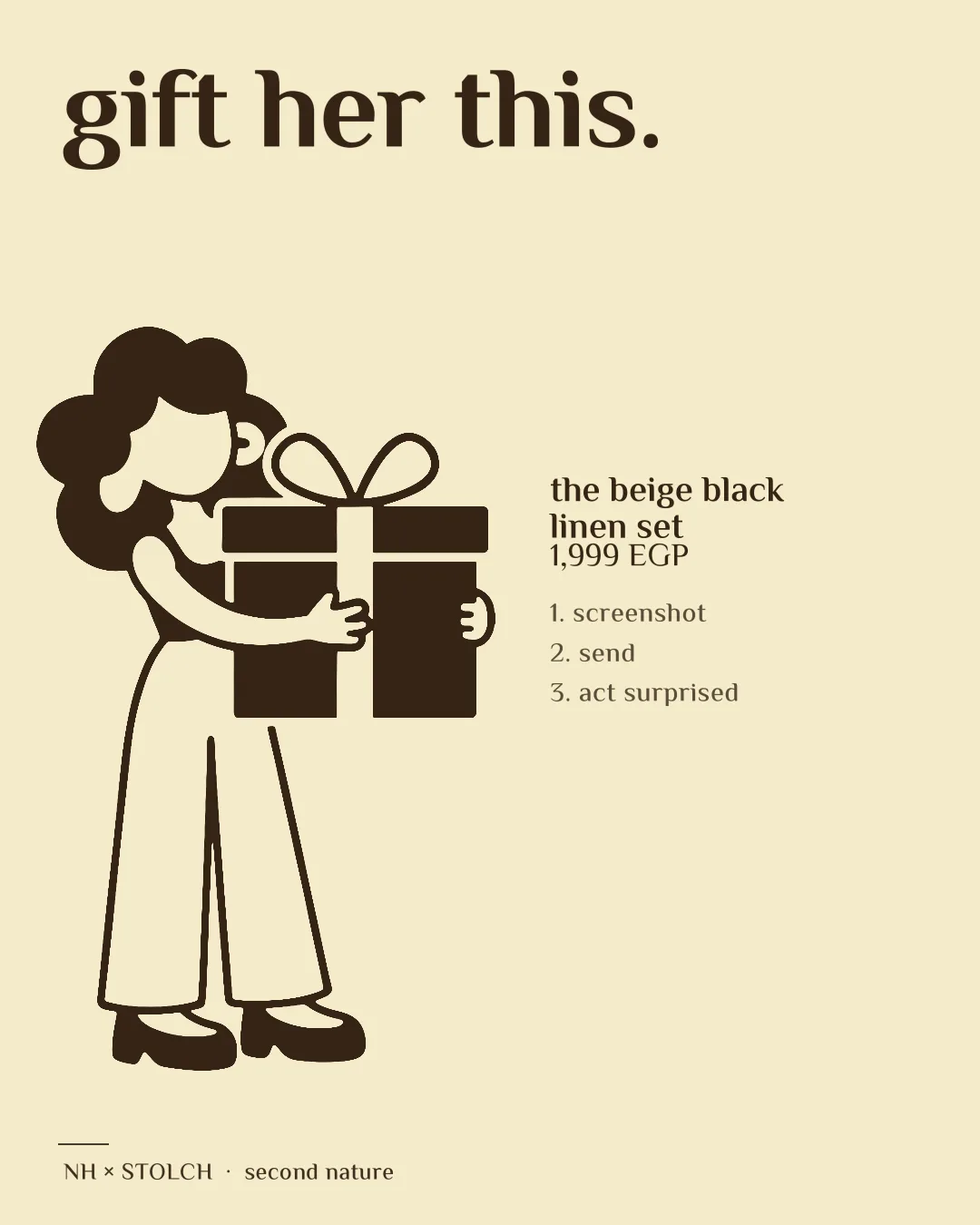 'Gift her this.' — hugging a gift box: screenshot, send, act surprised