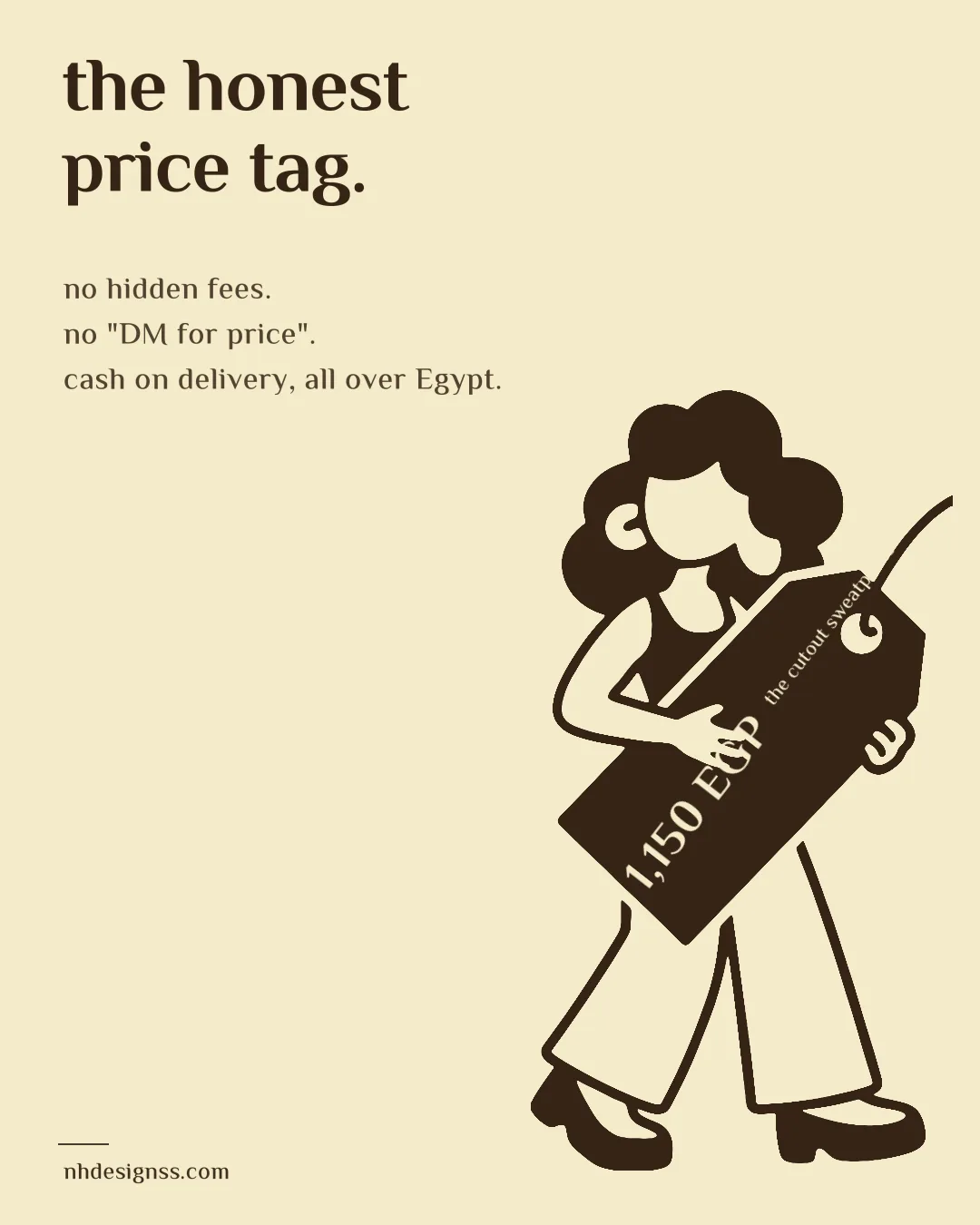 'The honest price tag.' — carrying a giant 1,150 EGP tag