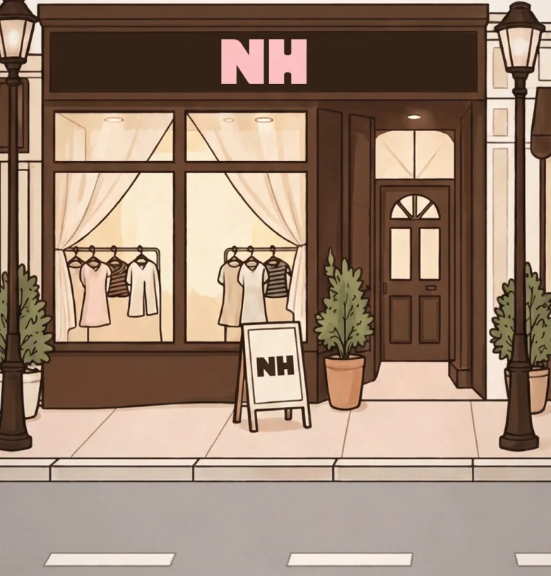 The shopfront after — chocolate façade, cream windows, the pink NH sign lit