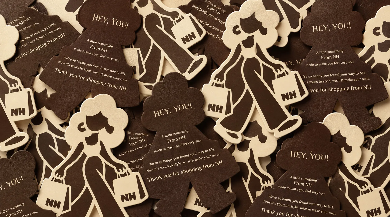 Thank-you cards cut in the character's silhouette — 'Hey, you! A little something from NH'