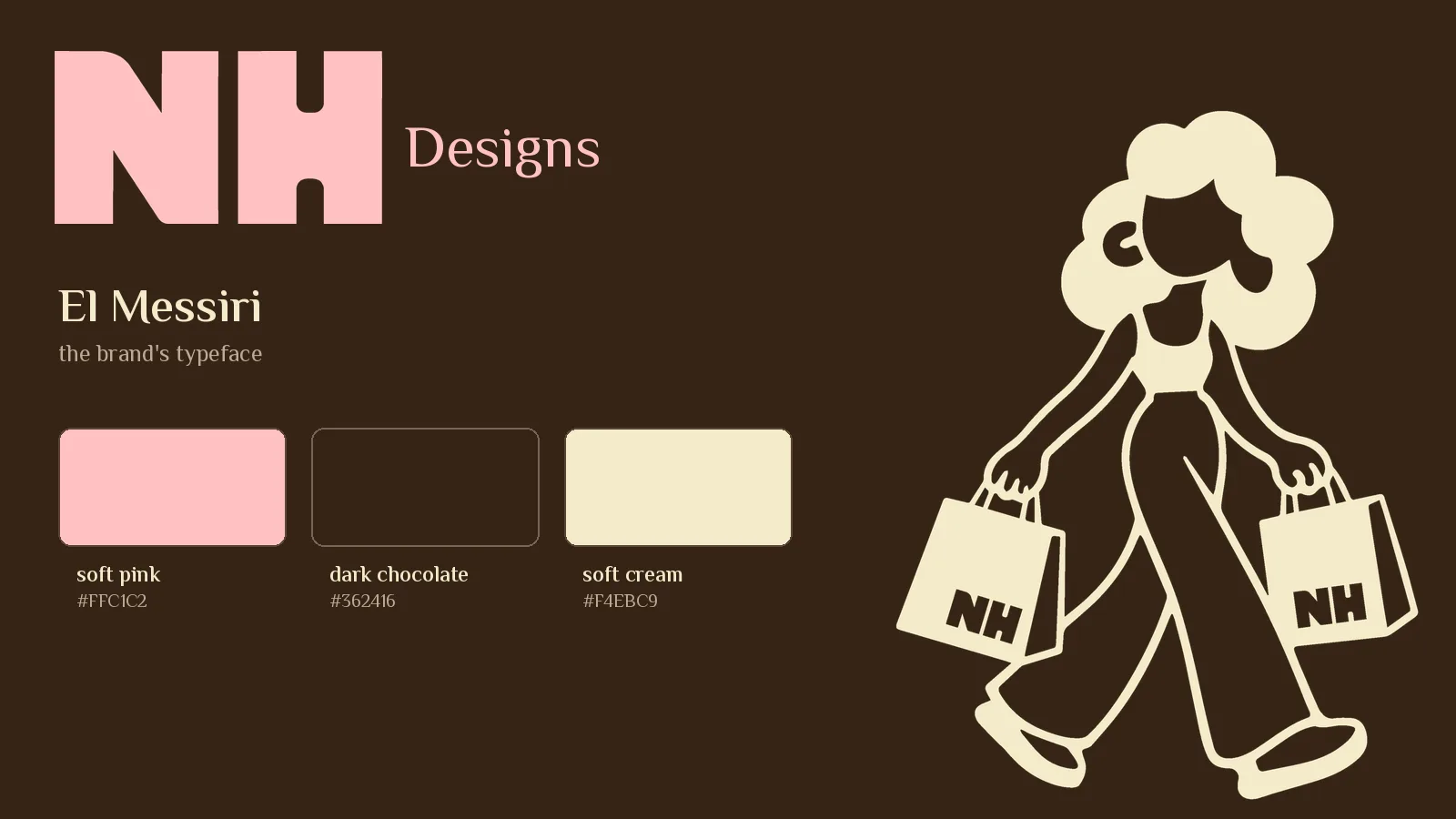 Brand foundations — the NH Designs lockup, El Messiri, the three colours and the character