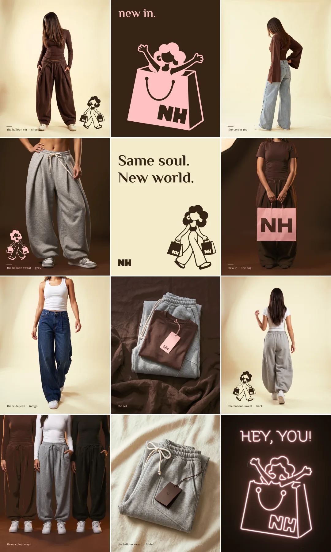 Grid one — the launch look: twelve posts in pink, chocolate and cream