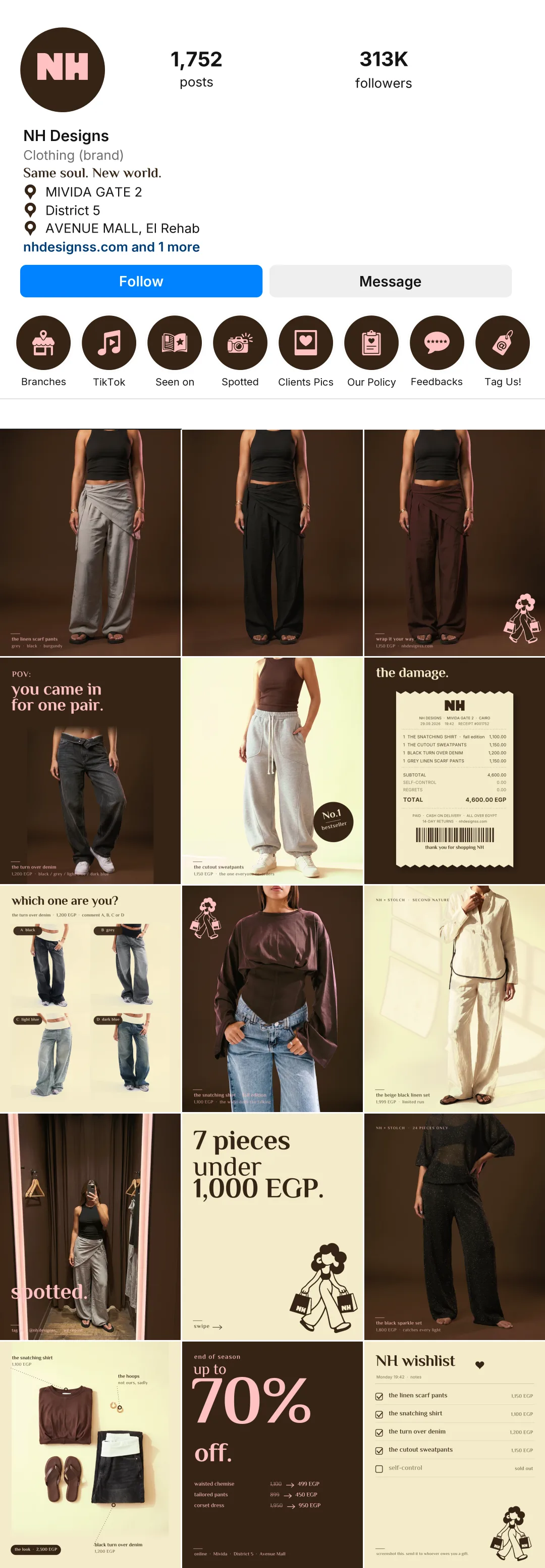 Grid two — the real catalogue: fifteen posts on the products, with the highlight covers