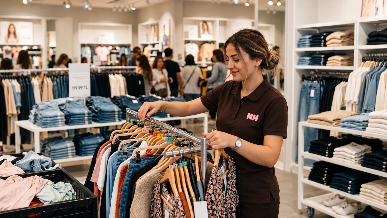 Shop staff in chocolate NH polos — 'Hey girl, let me help you!' on the back