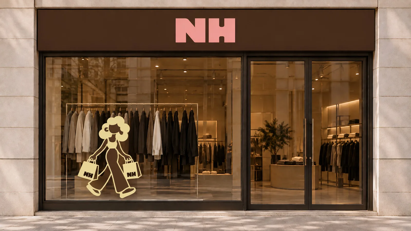 The flagship shopfront with the pink NH sign and the character on the glass