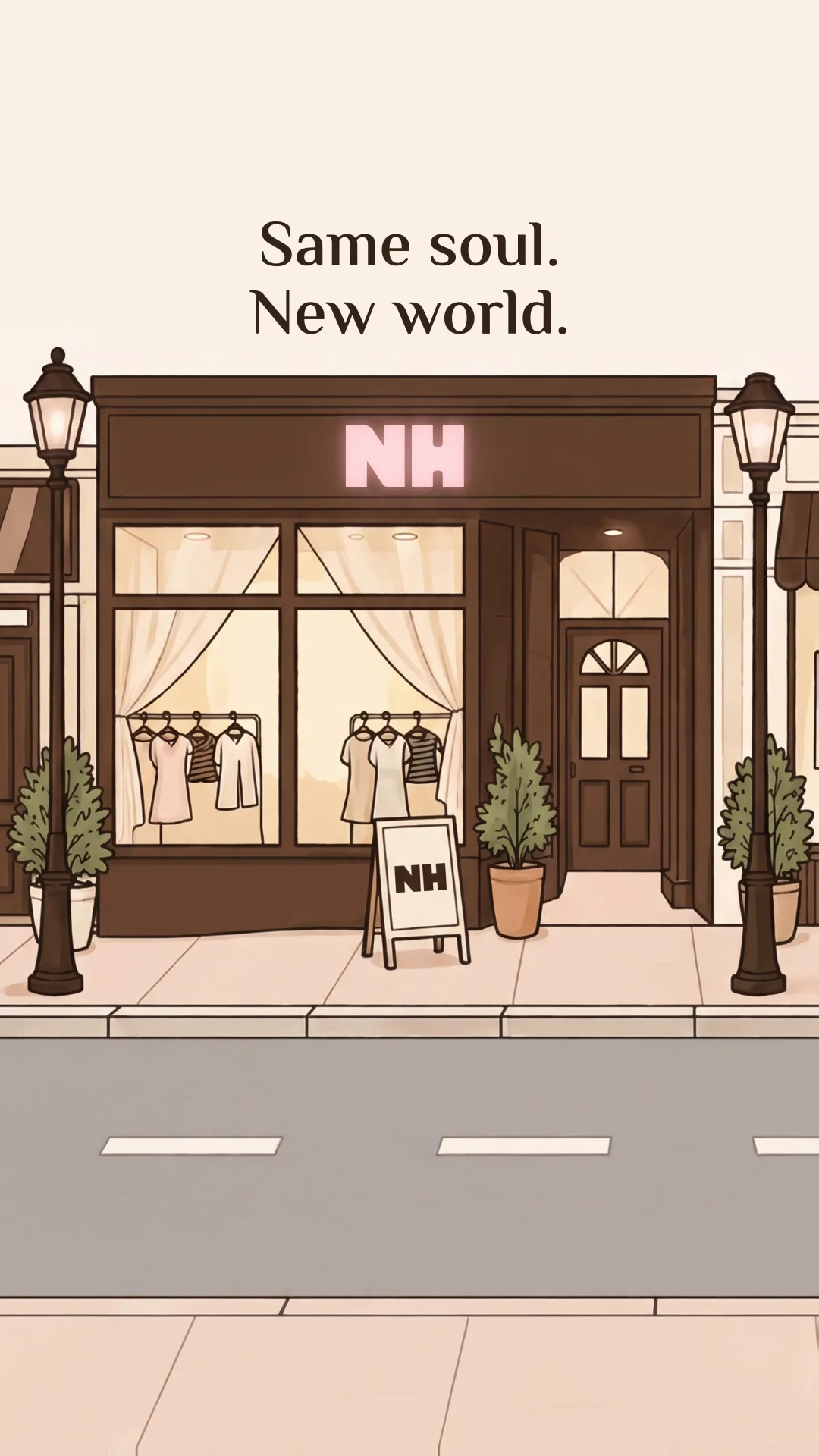 The film's closing frame — 'Same soul. New world.' above the finished shopfront