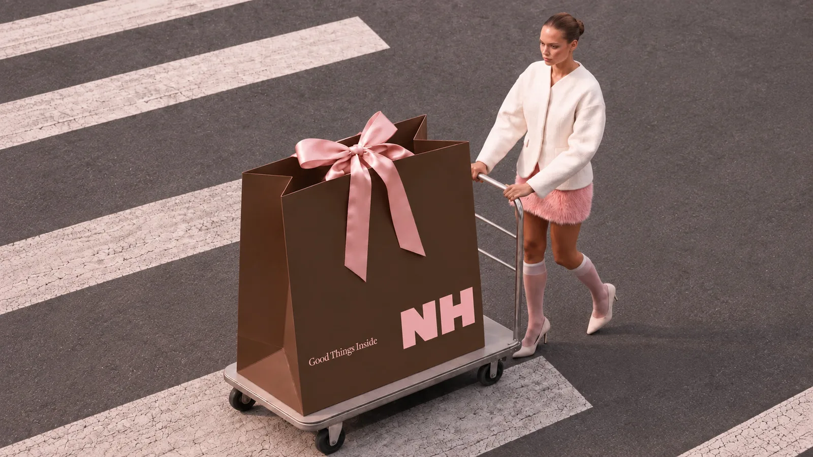 A giant NH bag tied with a pink bow, wheeled across a zebra crossing