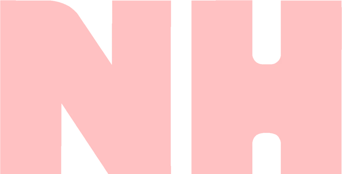 The new NH mark — heavy, rounded, light pink on chocolate